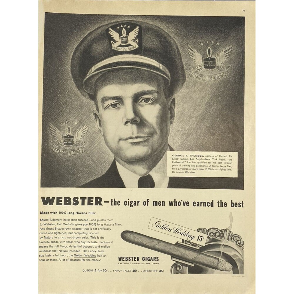 Webster Cigars "George T Tremble Piolet United Airlines" Vintage Print Ad 1949